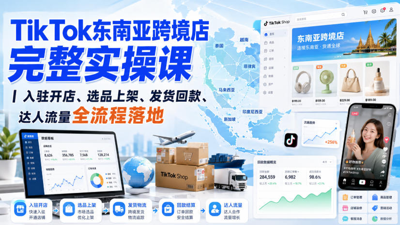 TikTok东南亚跨境店完整实操课|入驻开店、选品上架、发货回款、达人流量全流程落地-橙心云网创