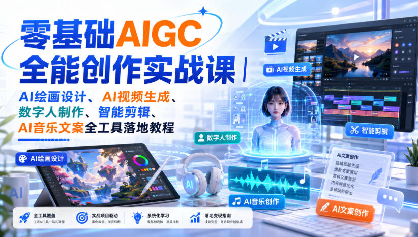 零基础AIGC全能创作实战课｜AI绘画设计、AI视频生成、数字人制作、智能剪辑、AI音乐文案全工具落地教程-橙心云网创