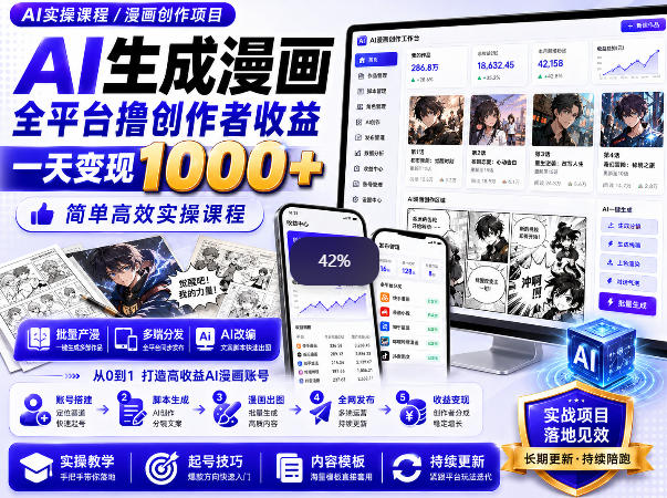 AI生成漫画全平台撸创作者收益内部课程，实操最高单日变现1k+-橙心云网创