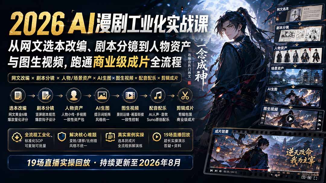 2026 AI漫剧工业化实战课-更新：从网文选本改编、剧本分镜到人物资产与图生视频，跑通商业级成片全流程-橙心云网创