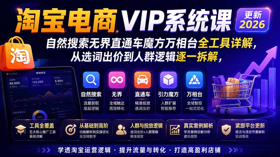 2026淘宝电商终局之战VIP课-更新:自然搜索+直通车+无界+精准人群,系统掌握测款动销与全店推广布局方法-橙心云网创