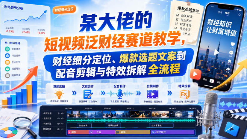 某大佬的短视频泛财经赛道教学,财经细分定位、爆款选题文案到配音剪辑与特效拆解全流程-橙心云网创