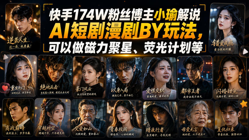 快手174W粉丝博主小瑜解说AI短剧漫剧搬运玩法,可以做磁力聚星、荧光计划等-橙心云网创