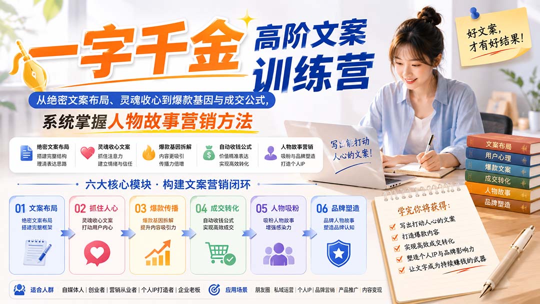 一字千金高阶文案训练营：从绝密文案布局、灵魂收心到爆款基因与成交公式，系统掌握人物故事营销方法-橙心云网创