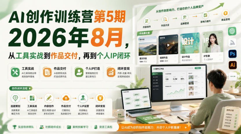 AI创作训练营第5期2026年8月，从工具实战到作品交付，再到个人IP闭环-橙心云网创