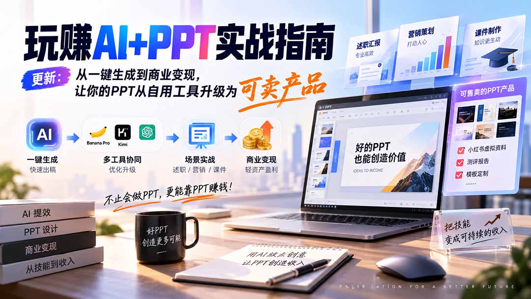 玩赚AI+PPT实战指南-更新5月13:从一键生成到商业变现,让你的PPT从自用工具升级为可卖产品-橙心云网创