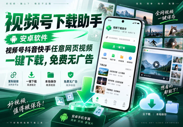 视频号下载助手，安卓软件，视频号抖音快手任意网页视频，一键下载，免费无广告-橙心云网创