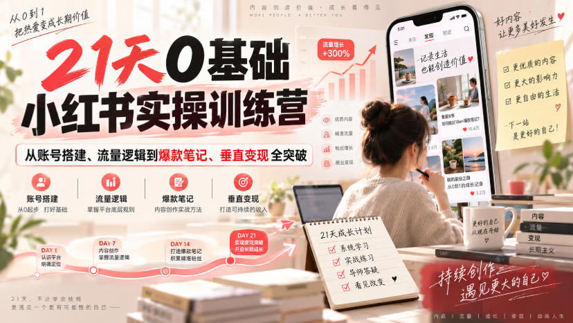 21天0基础小红书实操训练营｜从账号搭建、流量逻辑到爆款笔记、垂直变现全突破-橙心云网创