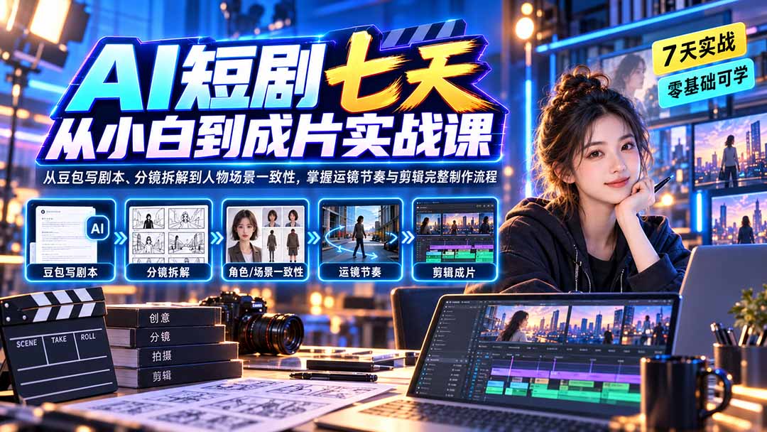 AI短剧七天从小白到成片实战课：从豆包写剧本、分镜拆解到人物场景一致性，掌握运镜节奏与剪辑完整制作流程-橙心云网创