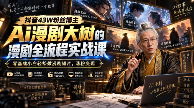 抖音43W粉丝博主Ai漫剧大树的漫剧制作全流程实战课，零基础小白轻松做漫剧短片，涨粉变现-橙心云网创