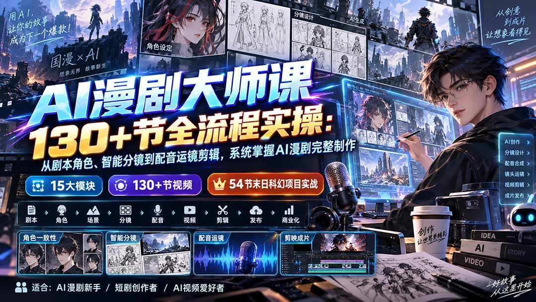 AI漫剧大师课130+节全流程实操：从剧本角色、智能分镜到配音运镜剪辑，系统掌握AI漫剧完整制作-橙心云网创