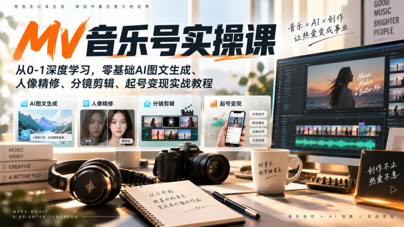 AI MV音乐号实操课，从0-1深度学习，零基础AI图文生成、人像精修、分镜剪辑、起号变现实战教程-橙心云网创