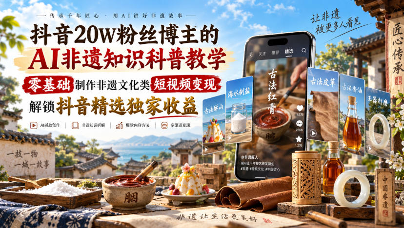 抖音20W粉丝博主的AI非遗知识科普教学,零基础制作非遗文化类短视频变现,解锁抖音精选独家收益-橙心云网创