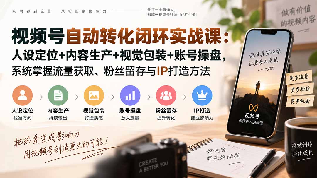 视频号自动转化闭环实战课：人设定位+内容生产+视觉包装+账号操盘，系统掌握流量获取、粉丝留存与IP打造方法-橙心云网创
