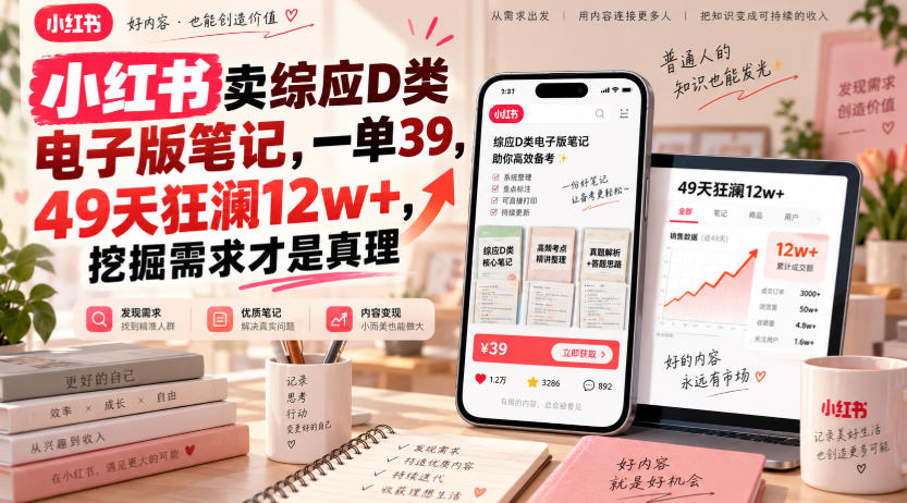 小红书卖综应D类电子版笔记，一单39，49天狂澜12w+，挖掘需求才是真理-橙心云网创