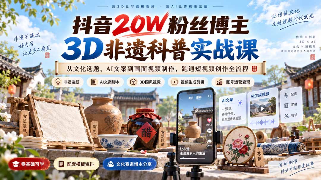 抖音20W粉丝博主3D非遗科普实战课：从文化选题、AI文案到画面视频制作，跑通短视频创作全流程-橙心云网创
