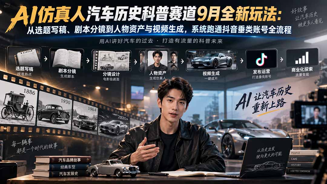 AI仿真人汽车历史科普赛道9月全新玩法：从选题写稿、剧本分镜到人物资产与视频生成，系统跑通抖音垂类账号全流程-橙心云网创