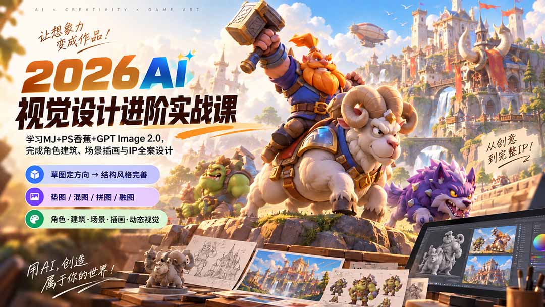 2026AI视觉设计进阶实战课-更新:学习MJ+PS香蕉+GPT Image 2.0,完成角色建筑、场景插画与IP全案设计-橙心云网创