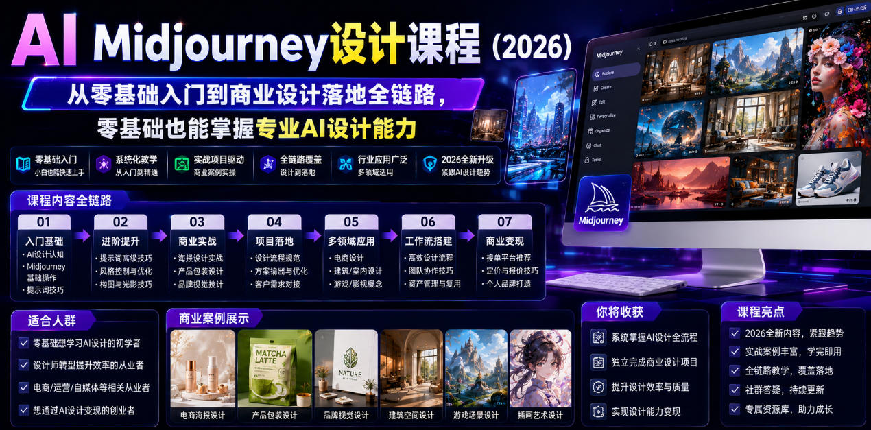 AI Midjourney设计课程(2026)，从零基础入门到商业设计落地全链路，零基础也能掌握专业AI设计能力(更新0913)-橙心云网创