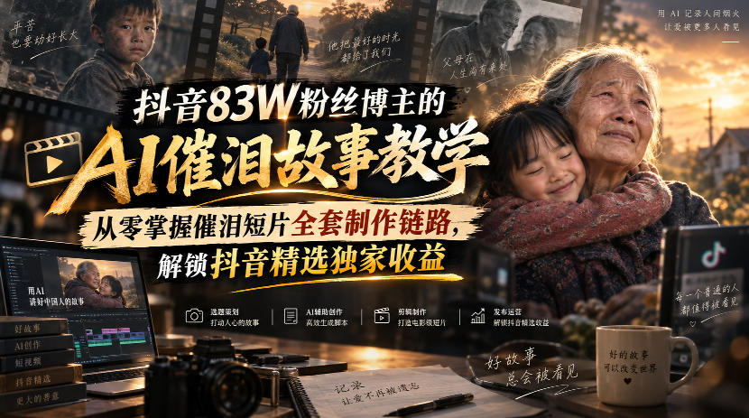 抖音83W粉丝博主的AI催泪故事教学，从零掌握催泪短片全套制作链路，解锁抖音精选独家收益-橙心云网创