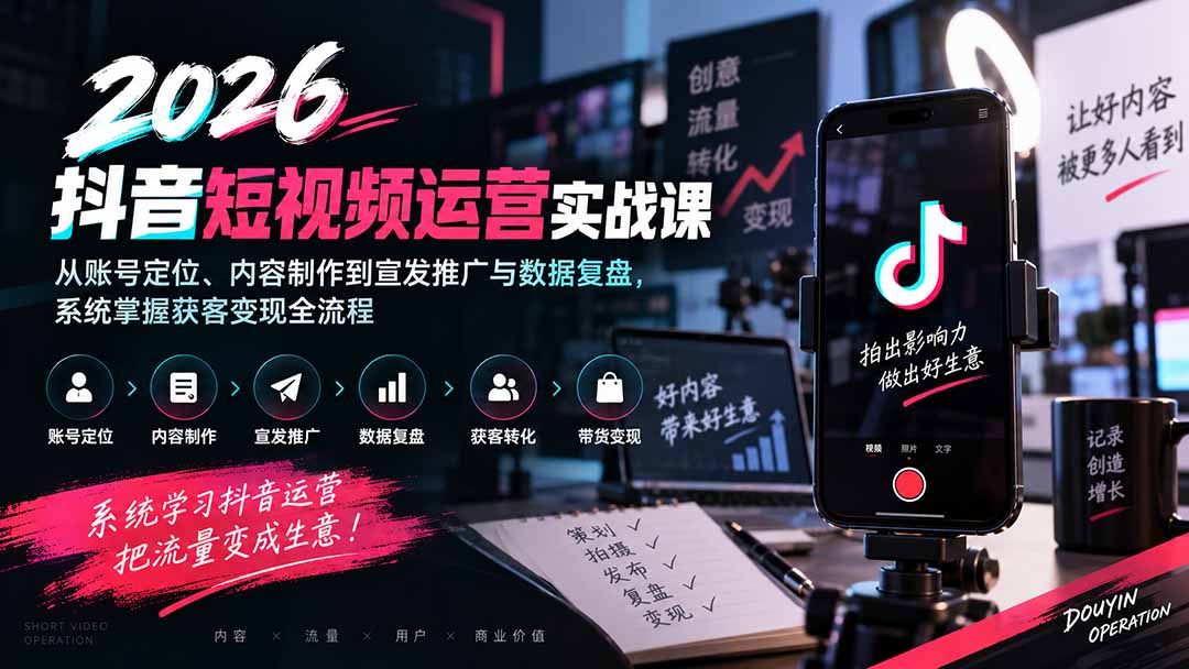 2026抖音短视频运营实战课:从账号定位、内容制作到宣发推广与数据复盘,系统掌握获客变现全流程-橙心云网创