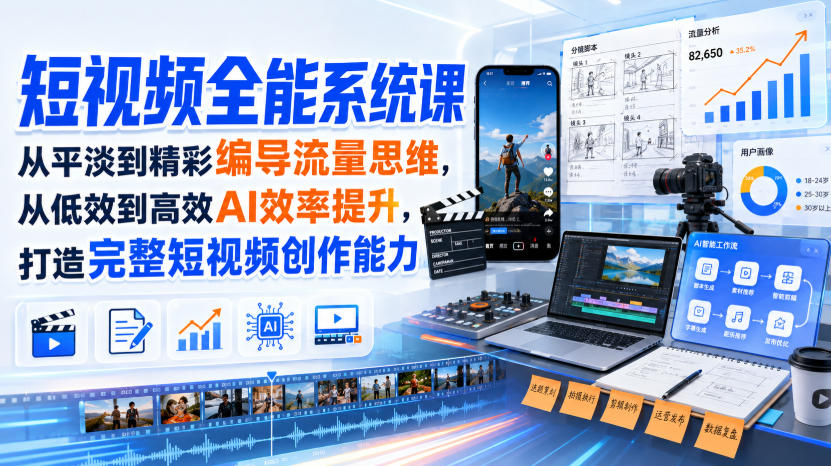 短视频全能系统课，从平淡到精彩编导流量思维，从低效到高效AI效率提升，打造完整短视频创作能力(完整版)-橙心云网创