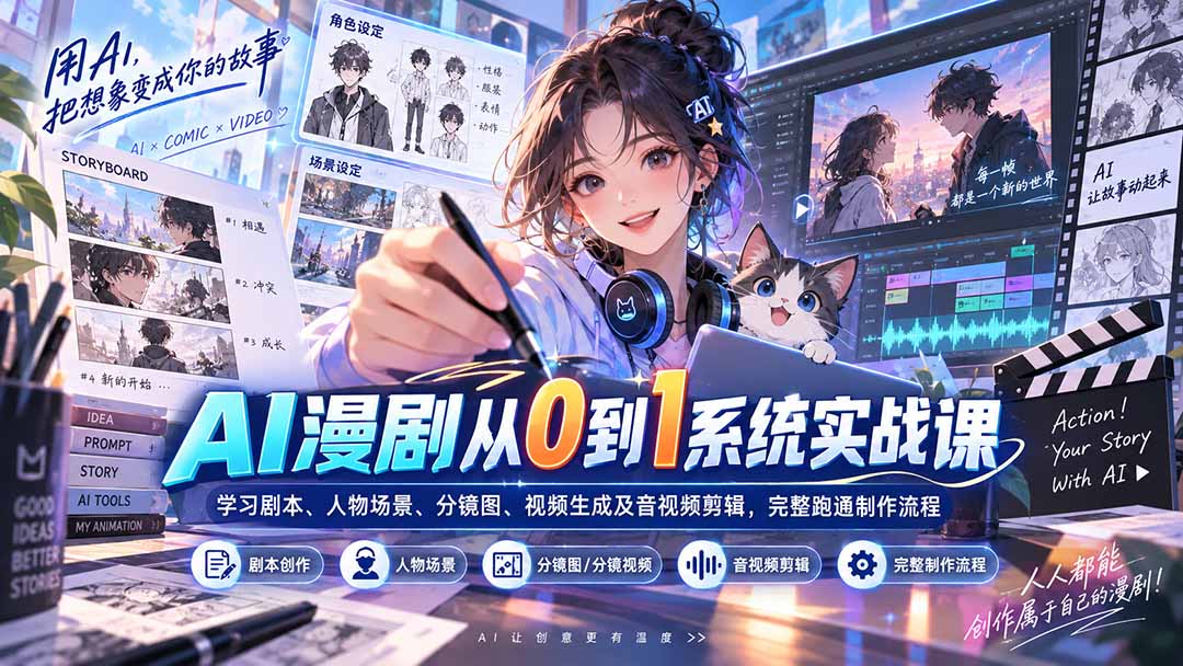 AI漫剧从0到1系统实战课：学习剧本、人物场景、分镜图、视频生成及音视频剪辑，完整跑通制作流程-橙心云网创
