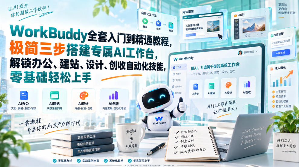 WorkBuddy全套入门到精通教程，极简三步搭建专属AI工作台，解锁办公、建站、设计、创收自动化技能，零基础轻松上手-橙心云网创