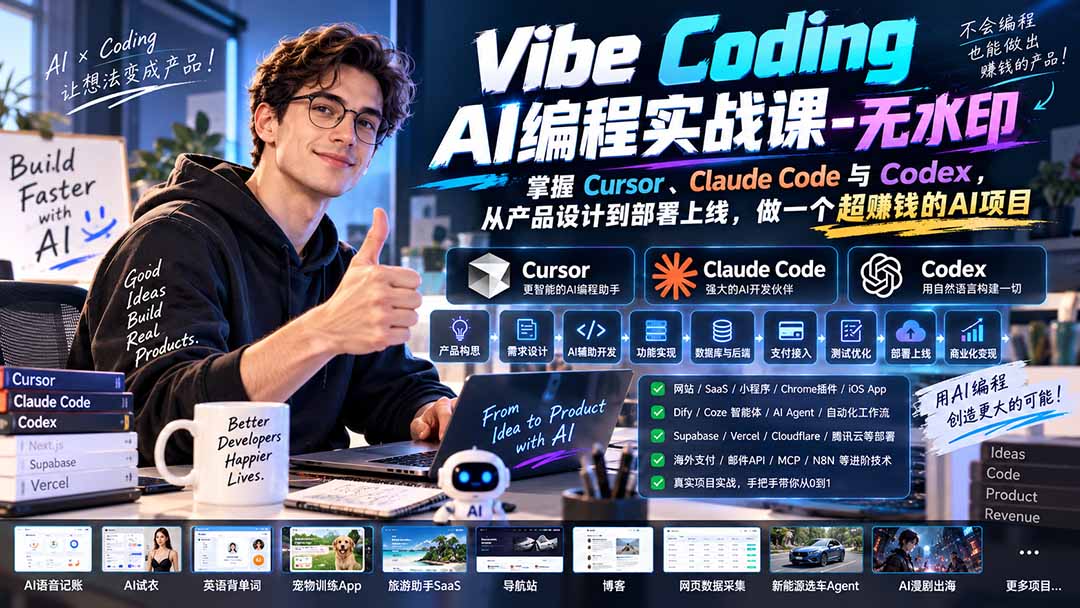 Vibe Coding AI编程实战课-无水印：掌握Cursor、Claude Code与Codex，从产品设计到部署上线，做一个超赚钱的AI项目-橙心云网创