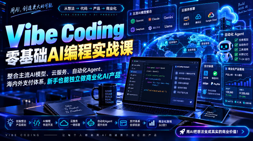 Vibe Coding零基础AI编程实战课-无水印，整合主流AI模型、云服务、自动化Agent、海内外支付体系，新手也能独立做商业化AI产品-橙心云网创