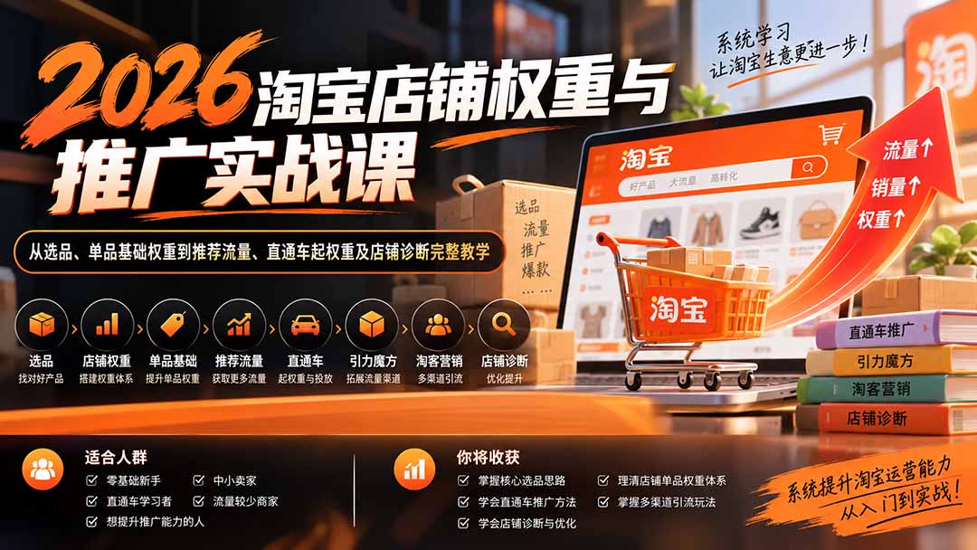 2026淘宝店铺权重与推广实战课：从选品、单品基础权重到推荐流量、直通车起权重及店铺诊断完整教学-橙心云网创