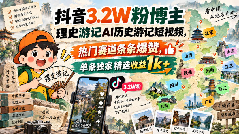 抖音3.2W粉博主理史游记AI历史游记短视频教学，热门赛道条条爆赞，单条独家精选收益1k+-橙心云网创