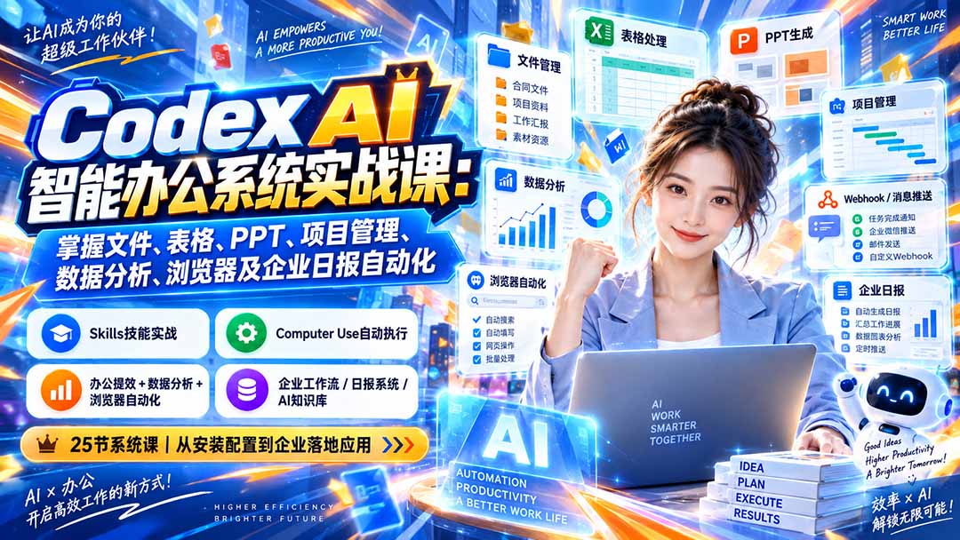 Codex AI智能办公系统实战课：掌握文件、表格、PPT、项目管理、数据分析、浏览器及企业日报自动化-橙心云网创