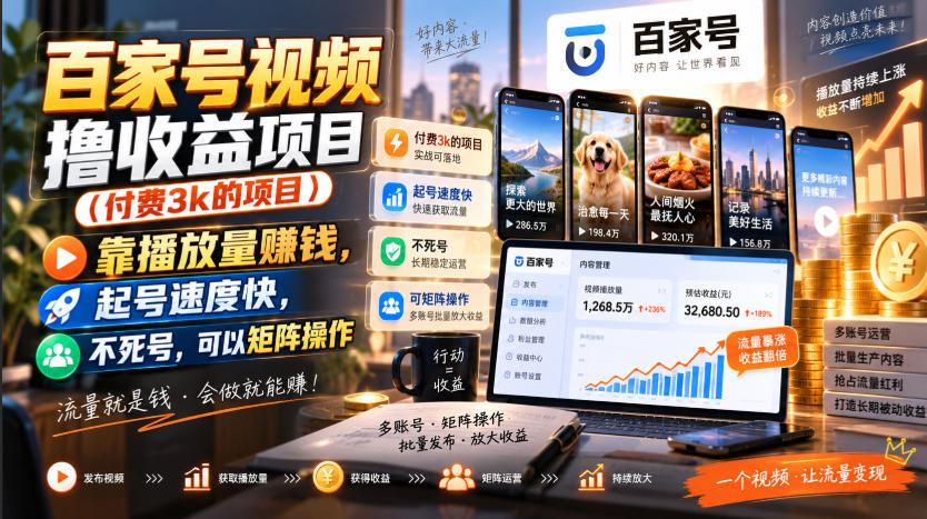 百家号视频撸收益项目(付费3k的项目),靠播放量賺钱,起号速度快,不死号,可以矩阵操作-橙心云网创