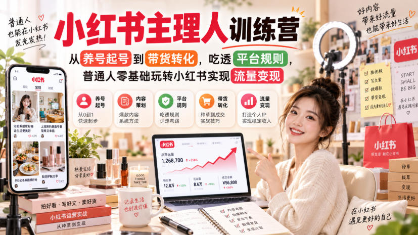 小红书主理人训练营,从养号起号到带货转化,吃透平台规则,普通人零基础玩转小红书实现流量变现-橙心云网创