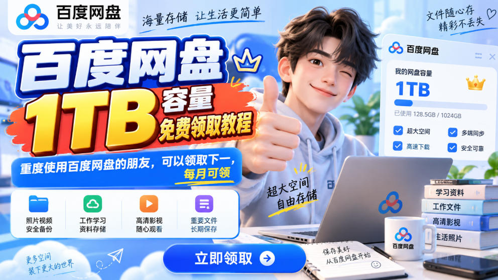 百度网盘1TB容量免费领取教程，重度使用百度网盘的朋友，可以领取下一，每月可领-橙心云网创