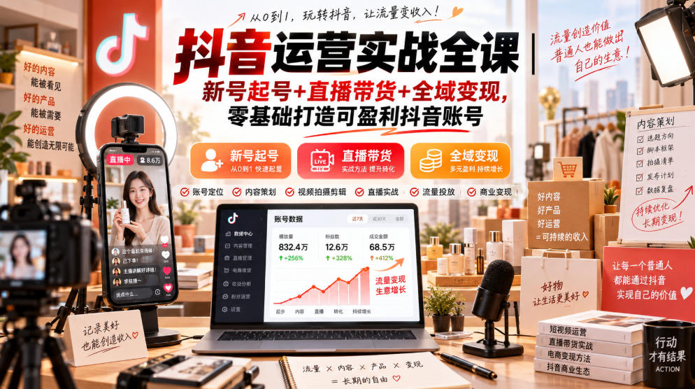 抖音运营实战全课｜新号起号+直播带货+全域变现，零基础打造可盈利抖音账号-橙心云网创