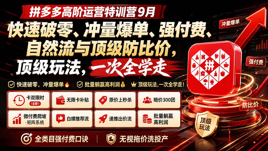 拼多多高阶运营特训营9月：快速破零、冲量爆单、强付费、自然流与顶级防比价， 顶级玩法，一次全学走-橙心云网创