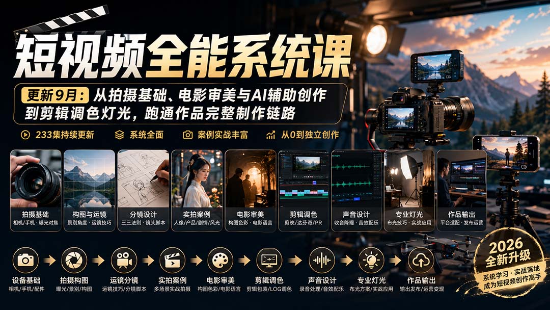 短视频全能系统课-9月完整版：从拍摄基础、电影审美与AI辅助创作到剪辑调色灯光，跑通作品完整制作链路-橙心云网创