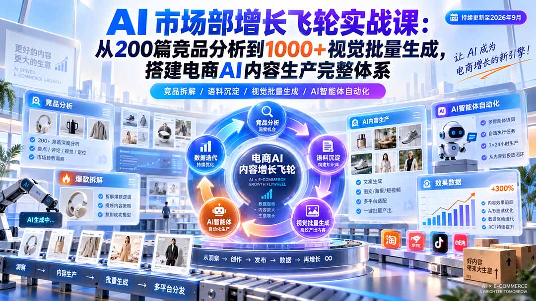 AI 市场部增长飞轮实战课:从200篇竞品分析到1000+视觉批量生成,搭建电商AI内容生产完整体系-橙心云网创
