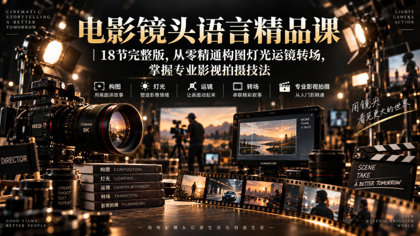 电影镜头语言精品课|18节完整版,从零精通构图灯光运镜转场,掌握专业影视拍摄技法-橙心云网创