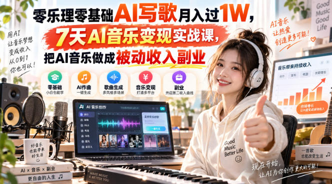 零乐理零基础AI写歌月入过1W，7天AI音乐变现实战课，把AI音乐做成被动收入副业-橙心云网创