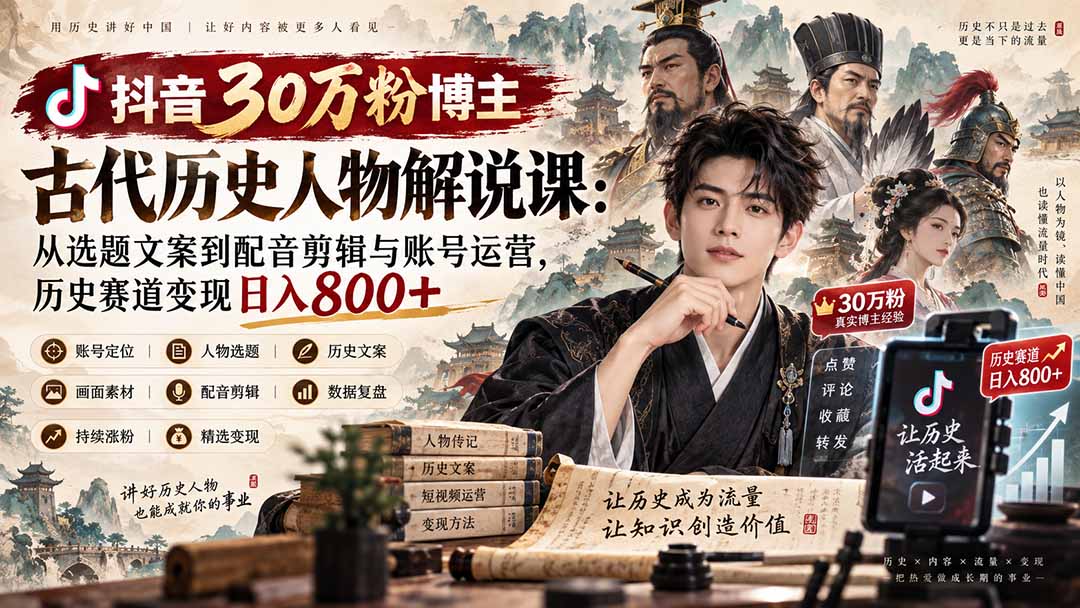 抖音30万粉博主古代历史人物解说课：从选题文案到配音剪辑与账号运营，历史赛道变现日入800+-橙心云网创