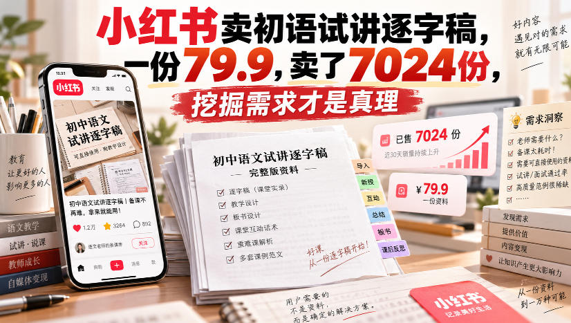 小红书卖初语试讲逐字稿，一份79.9，卖了7024份，挖掘需求才是真理-橙心云网创