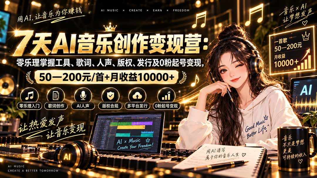 AI音乐创作变现营：零乐理掌握工具、歌词、人声、版权、发行及0粉起号变现，50—200元/首+月收益10000+-橙心云网创
