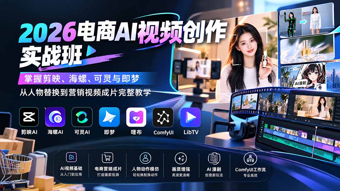 2026电商AI视频创作实战班:掌握剪映、海螺、可灵与即梦,从人物替换到营销视频成片完整教学-橙心云网创