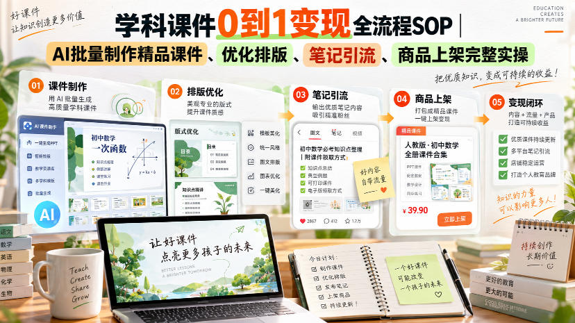 学科课件0到1变现全流程SOP|AI批量制作精品课件、优化排版、笔记引流、商品上架完整实操-橙心云网创