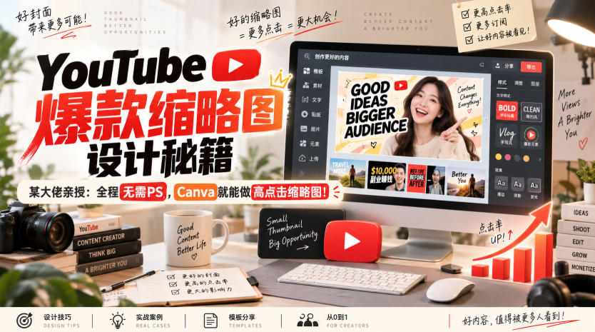 YouTube爆款缩略图设计秘籍,某油管大佬(610万订阅者)亲授,全程无需PS,Canva就能做高点击缩略图!【原创双语字幕】-橙心云网创