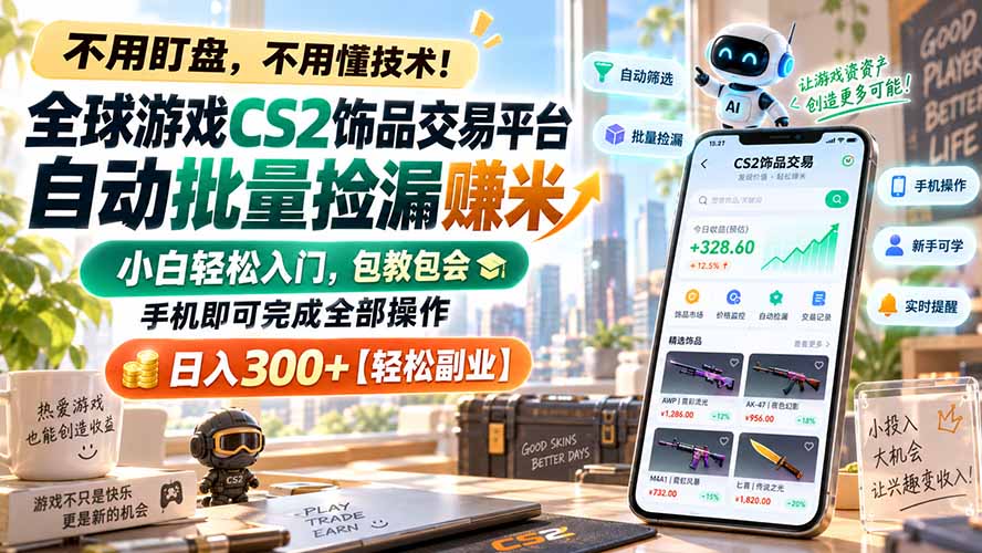 全球游戏CS2饰品交易平台自动批量捡漏赚米，小白轻松入门，包教包会，手机即可完成全部操作，日入300+【轻松副业】-橙心云网创