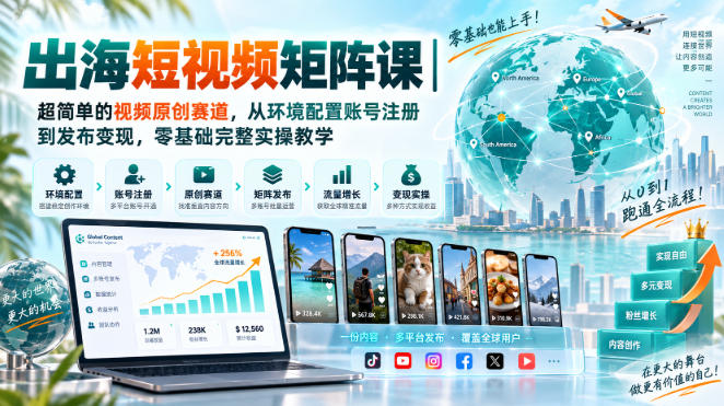 出海短视频矩阵课|超简单的视频原创赛道,从环境配置账号注册到发布变现,零基础完整实操教学-橙心云网创